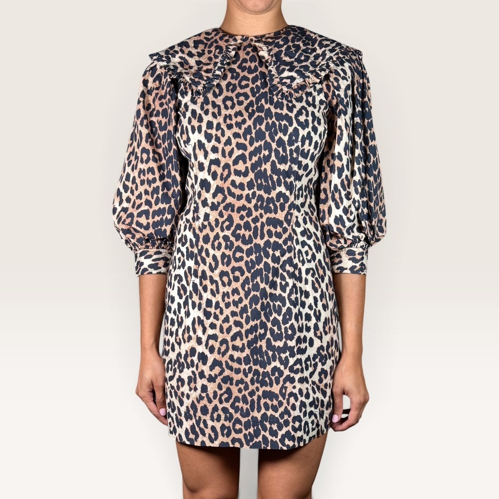 GANNI Leopard Print Cotton Poplin Mini Dress XS Ruffle Collar Puff Sleeve